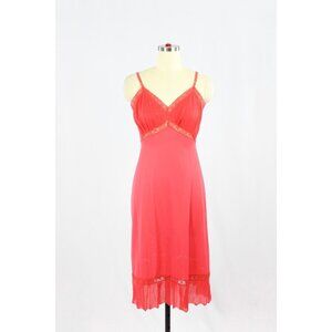 Vintage 60's LUXITE Dark Pink Red Nylon Pleated Lace Slip Dress, Size 32
